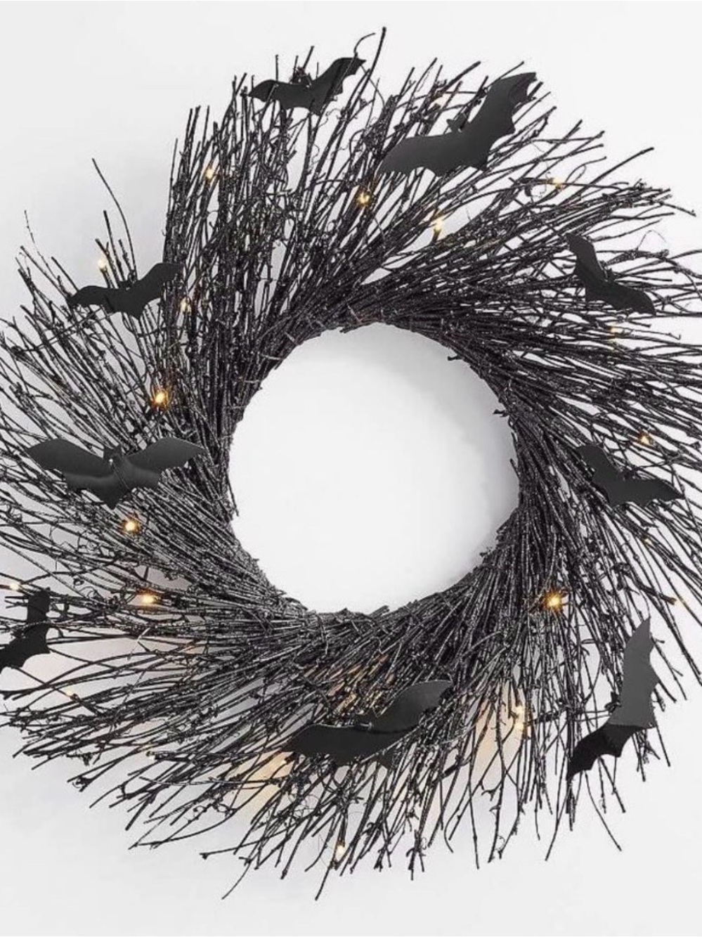 Pottery Barn Lit Handcrafted Glitter Branch Wreath With Bats Halloween Wreath